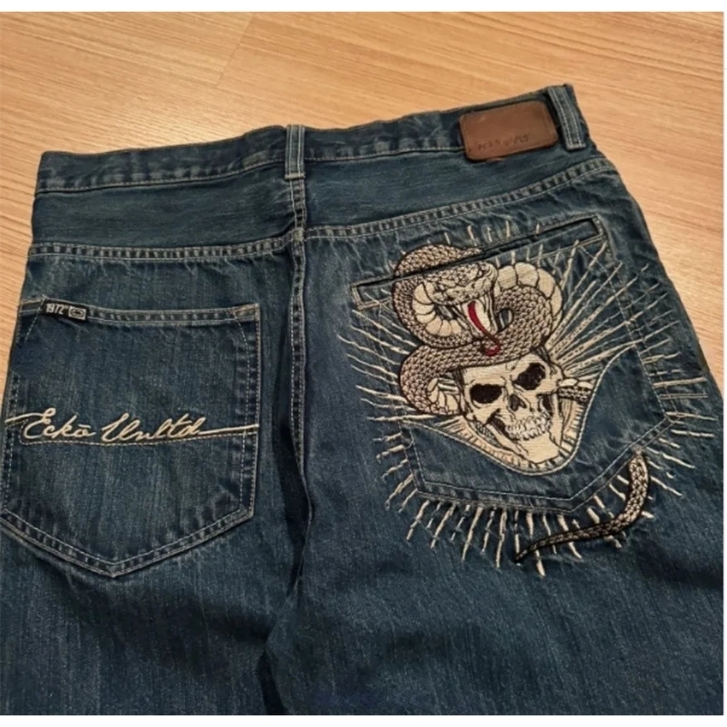European and American Embroidery Casual Slim Jeans Male Y2K American Street Hip-hop Retro Loose Wide-leg Straight Pants Trousers 240704