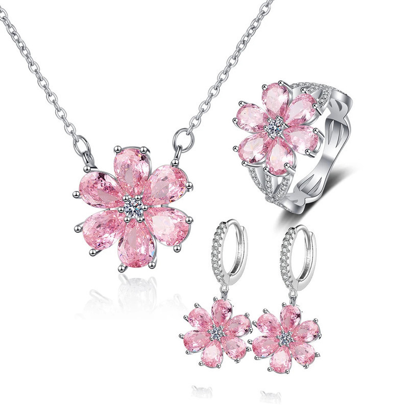 925 Sterling Silver Wedding Ring Women Pink Flower Bracelets Earrings Necklace Rings Fashion Jewelry Sets 240524
