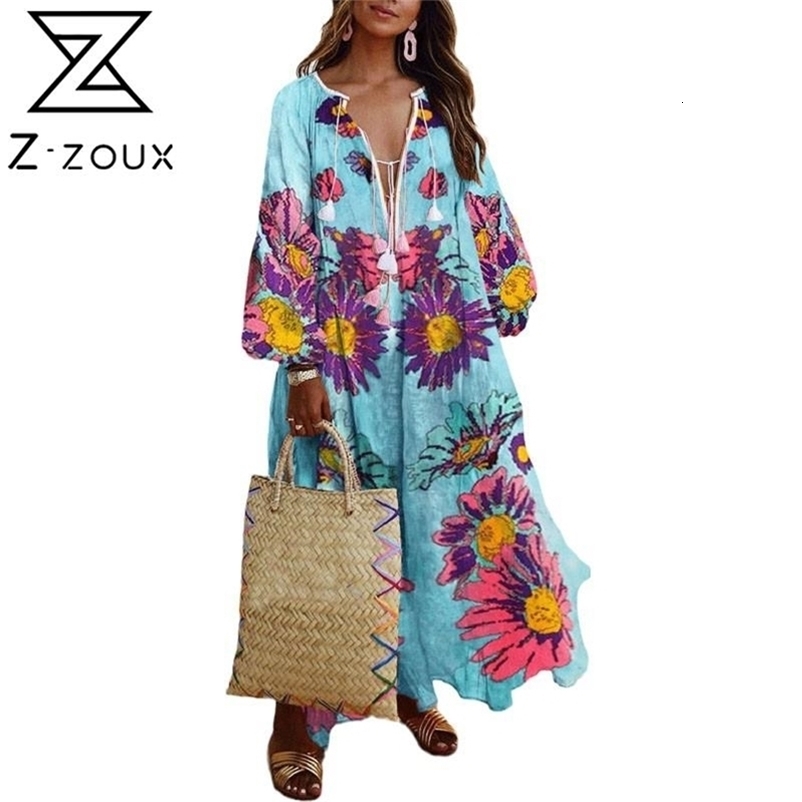 Women Dress Printed Bohemia Sexy Long Print Floral Maxi es V Neck Puff Sleeve Loose Ladies es 210513