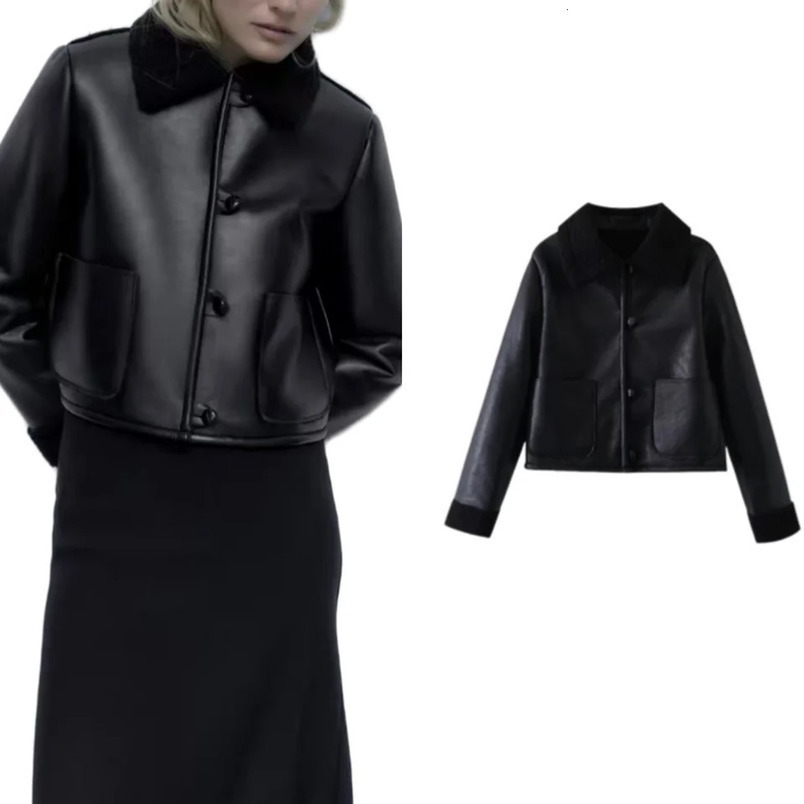 PB ZA winter womens simple high-end fashion black fur collar double-sided jacket pocket decoration long-sleeved coat 250122