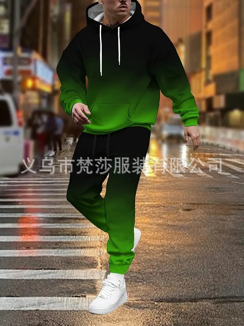 Hot-selling Men's Versatile Gradient Color 3D Digital Print Hoodie Set Breathable and Comfortable