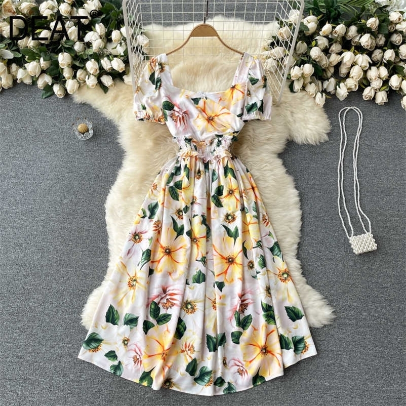 DEAT Women Printing Pleated Midi-long Dress Square Collar Short Sleeve Temperament Fashion Spring Summer 11D609 210709