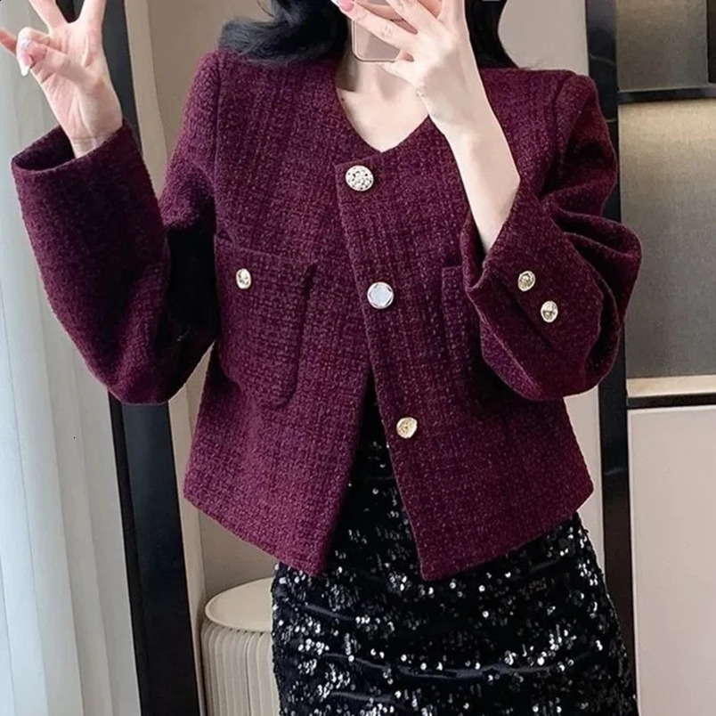 Autumn Winter Women Tweed Coat Korean Fashion Single Breasted Cropped Jacket Woman Elegant Loose Short Outerwear Clothes 250109