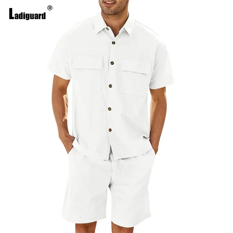 Mens Stand Pocket Casual Linen Two Piece Sets European Style Vintage Cargo Blouse and Shorts Suit Men Beach Tracksuits Set 240530