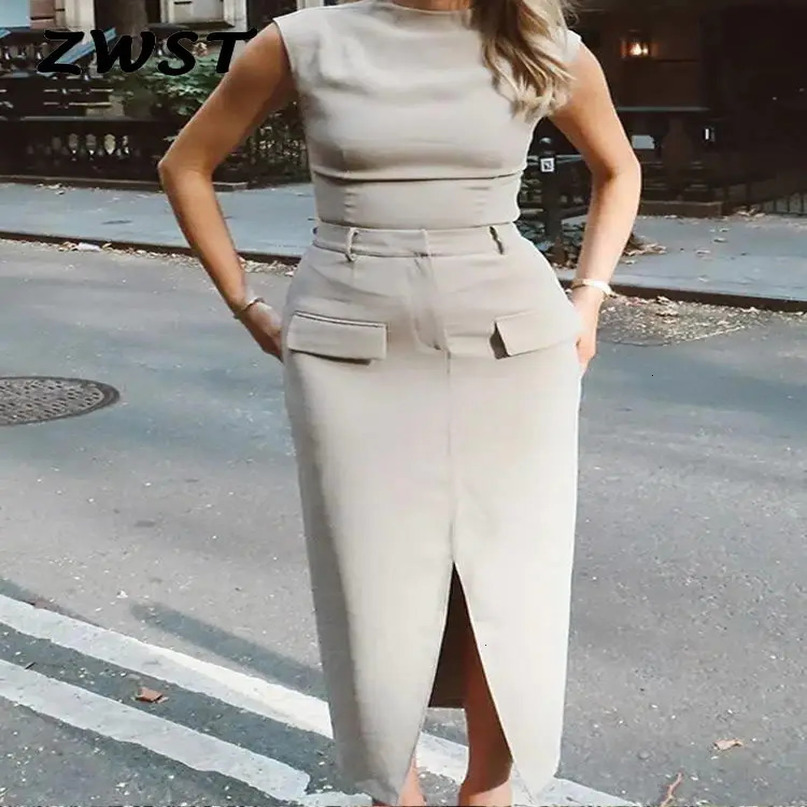 Elegant Tank Top Skirt Suits Women Fashion Sleeveless Oneck Slim Vest Split Zipper Midi Skirts 2 Pieces Set Female Spring 240423