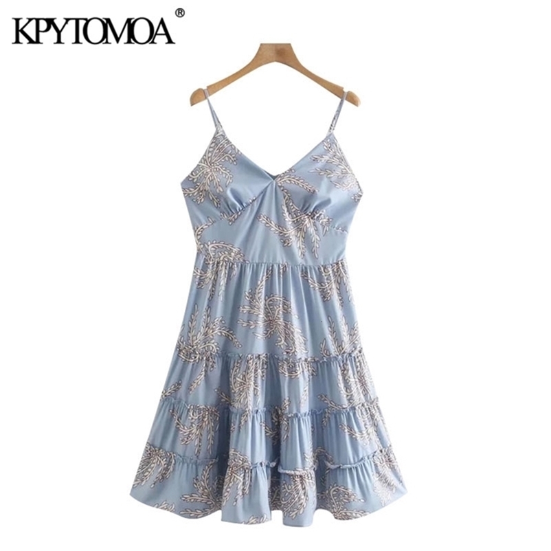 Women Chic Fashion Leaves Print Mini Dress Backless Side Zipper Thin Straps Female Dresses Vestidos 210420