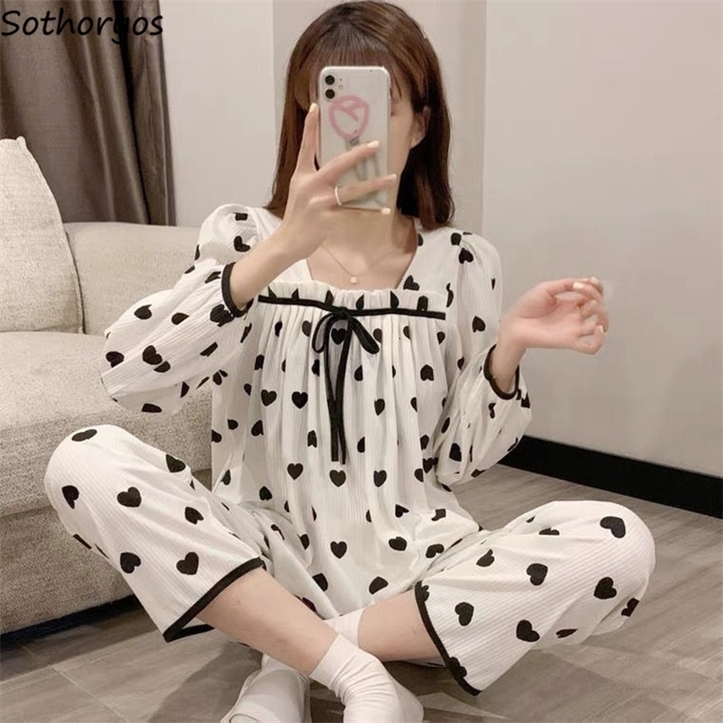 Women's Sleepwear Simple Long Sleeve Pajama Sets Women Square Collar Sweet Bow Sleepwear Comfort Loungewear Stylish Baggy Pyjamas 2 Pieces Casual
