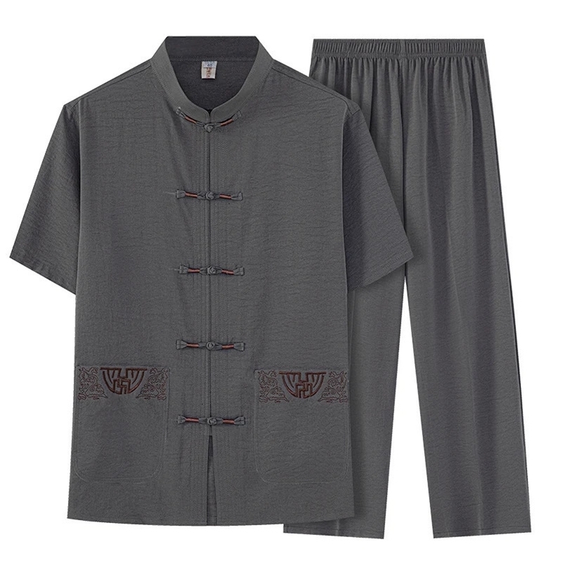 Cotton and linen toppants elderly mens gold silk flat buckle pocket embroidered Tang and Korean clothing set 250318