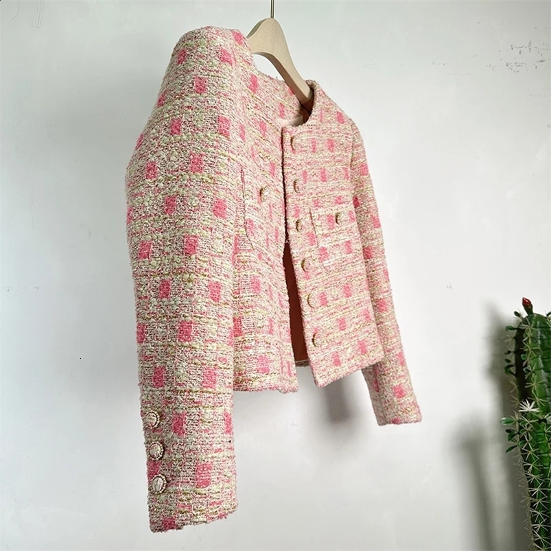 High Quality Chic Vintage Women Winter Autumn Tweed O Neck Single Breasted Long Sleeve Wool jacket Coat Outwear 240830