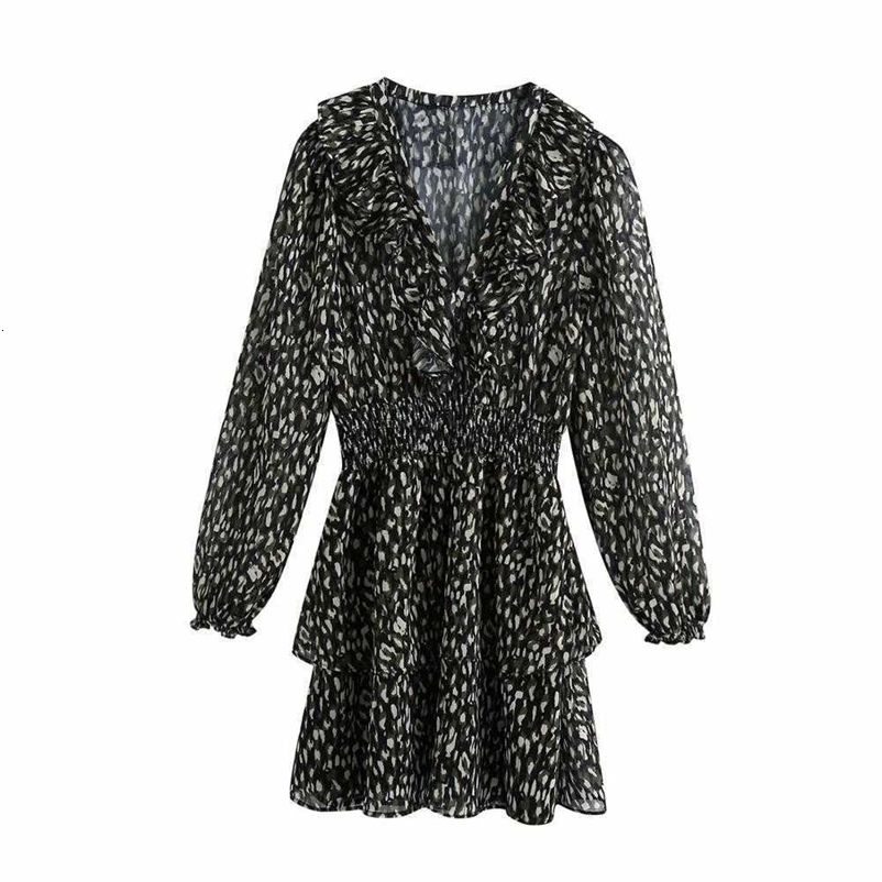 Women Dress Animal Printed V-neck Long Sleeves Smocked Elastic Waist Ruffle trims Mini Dress vestidos femme robe 210709