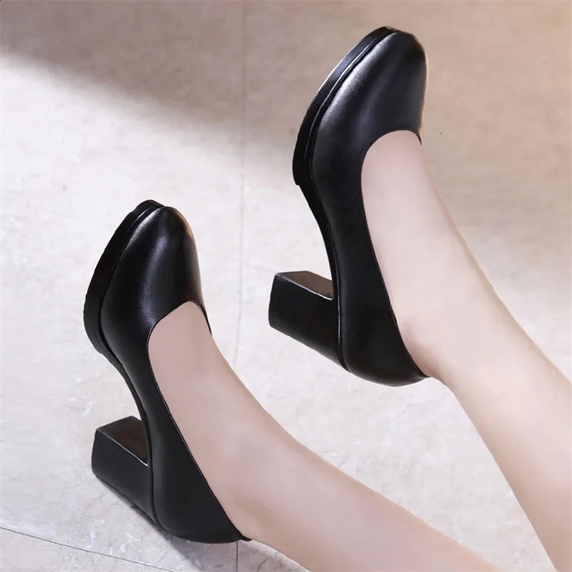 6cm Small Size 32-43 Shallow Med Block Heels Shoes Platform Pumps Fall Soft Leather Black Dress Court Office Work Shoes 240815