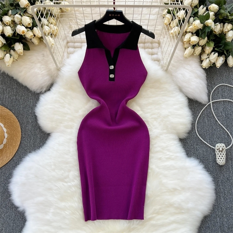 Sexy Elatic Summer Knit Strap Dress Women Tank Bodycon Sundress Female Beach Buttons Midi Dress Outfit 240518