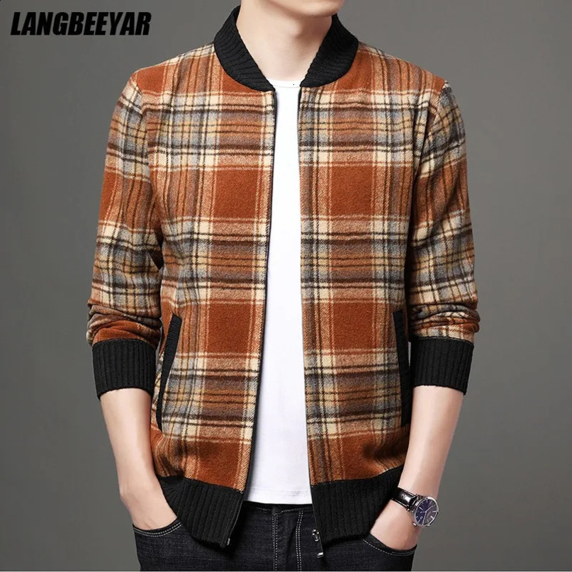 Top Quality Fashion Woolen Thick Velvet Plaid Casual Baseball Collar Jacket Men Korean Windbreaker Coats Men Clothes 250116