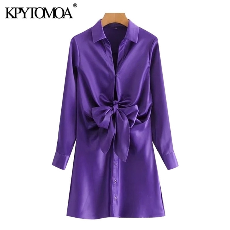 Women Chic Fashion With Bow Tied Soft Touch Mini Dress Lapel Collar Long Sleeve Female Dresses Vestidos 210420