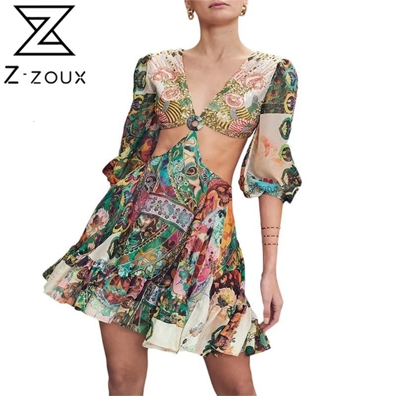 Women Dress Digital Print Girl Fashion es Deep V Neck Puff Sleeve Hollow Out Sexy Plus Size Bohemian es 210513