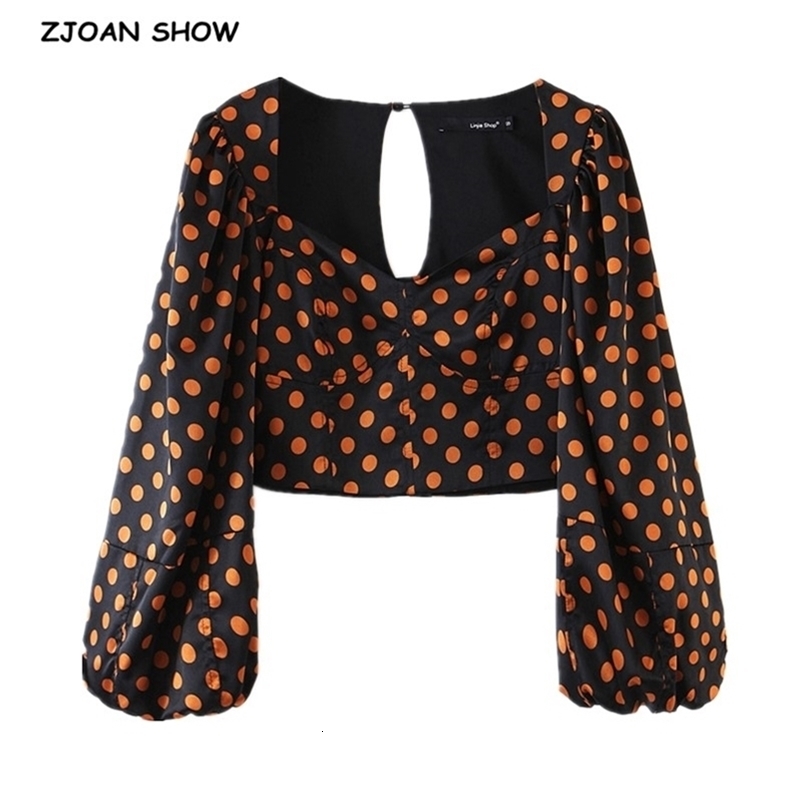 Vintage France Retro Long Lantern Sleeve Polka Dot Print Cropped Shirt Women Hollow Out Slim Waist Short Blouse Girl's Tops 210429