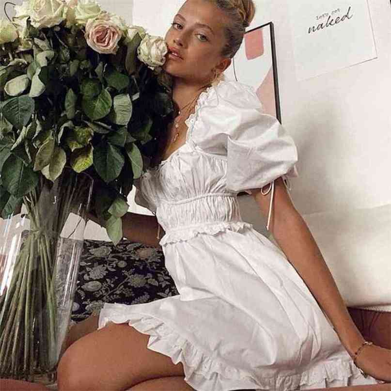 BOHO INSPIRED puff sleeve mini Sexy white party dress ruffle summer dress square neck elastic bust super chic women dress 210719