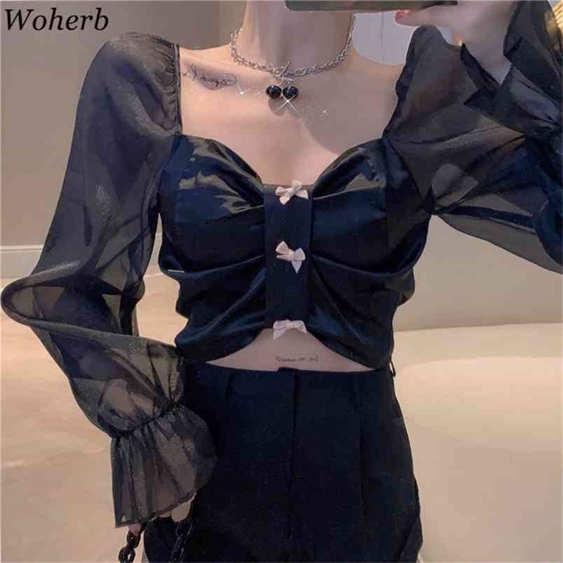 Long Sleeve Crop Tops Shirt Women Sexy See Through Puff Korean Chic Blouse Bow Patch Elegant Blusas Mujer Summer 210519
