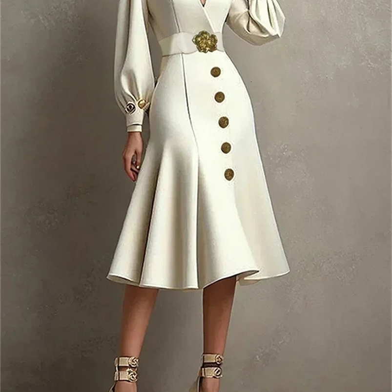 UOOZEE 2025 autumn belt elegant party evening dress womens fashionable button V-neck pleated formal banquet A-line dress 250103