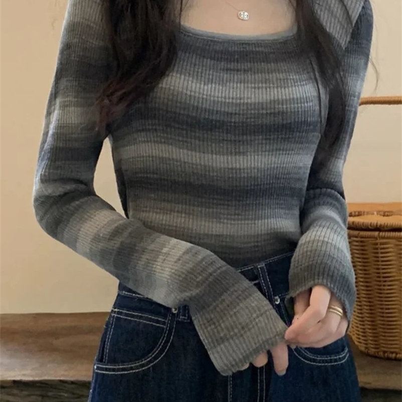 Deeptown Vintage Striped Knitted Tops Women Slim Fit Square Collar Bottoming Shirts Harajuku Contrast Long Sleeve Tshirts Female 240228
