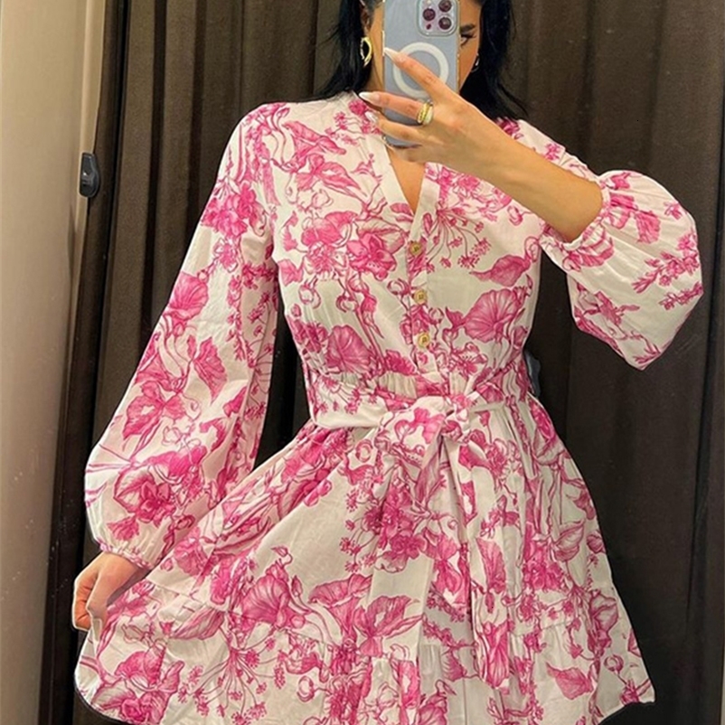 Basic Casual Dresses Floral Print Lantern Sleeve Bow Dress Vintage V-neck X-shaped Short Shirt Dresses Women's Vacation Beach High Street Vestido