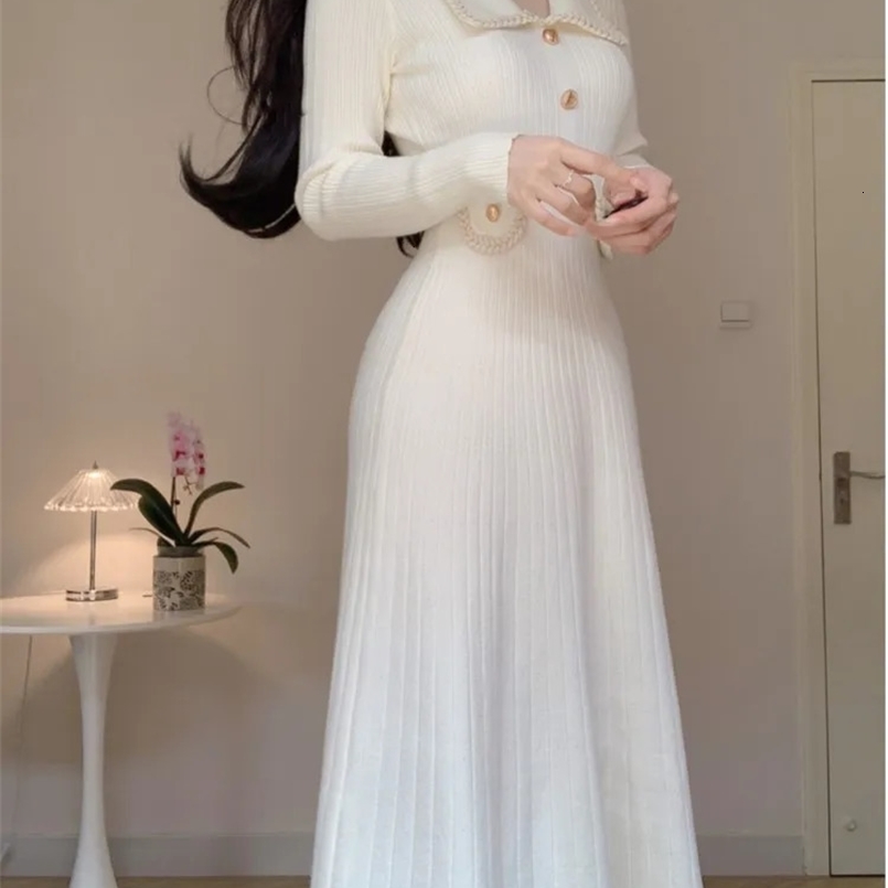 Autumn and winter womens knitted dress with a lapel Korean fashion A-line casual solid dress ultra-thin Vestidos Mujer item 241125