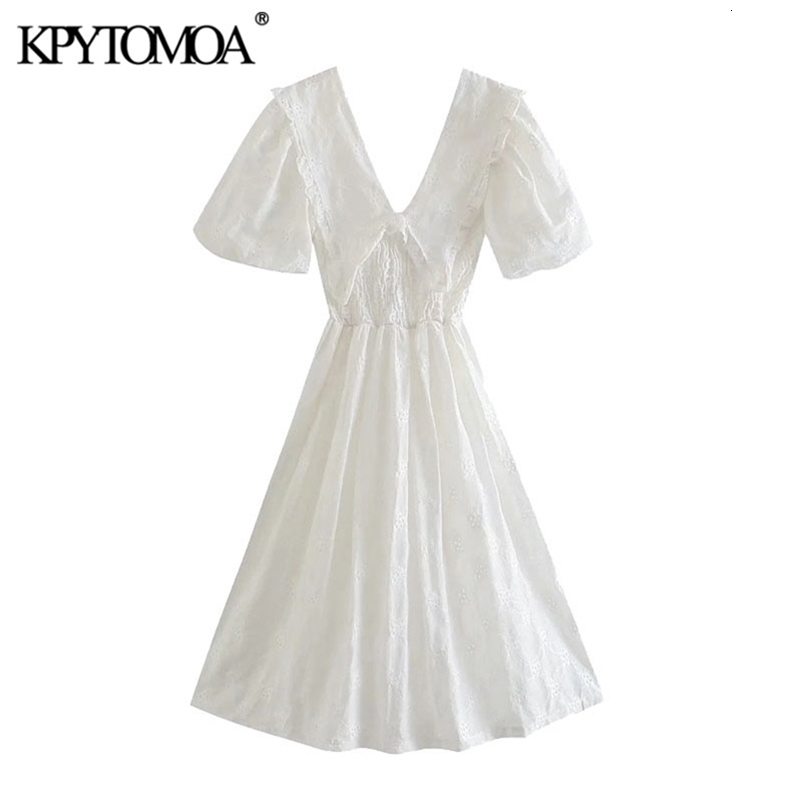 Women Chic Fashion Hollow Out Embroidery Smocked Midi Dress V Neck Puff Sleeve Female Dresses Vestidos 210420