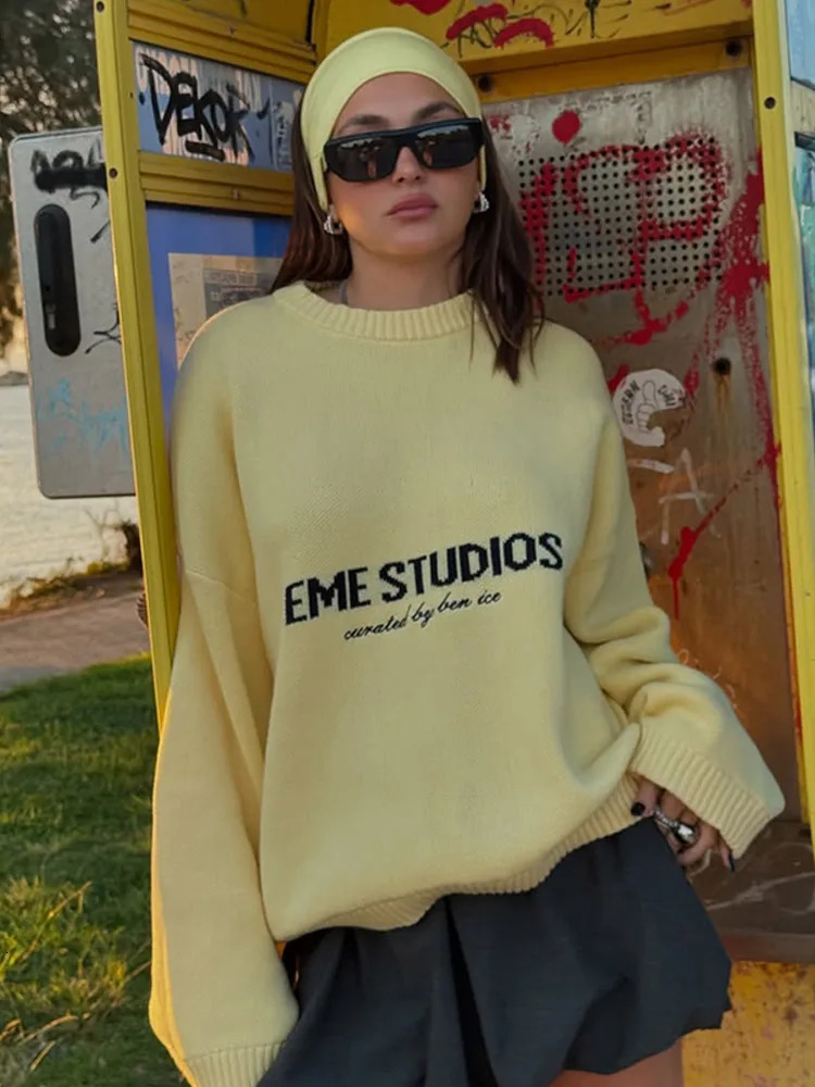 Women Yellow Letter Sweater Round Neck Long Sleeve Loose Knitted Tops Female Elegant Casual Street Autumn Holiday Sweaters 250924