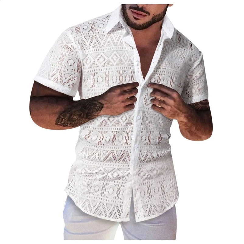 Mens Hollow Out Lace Shirts Short Sleeve Lapel Button Down Shirt Blouses Summer Lace Breathable White Blouses Tops Streetwear 250224