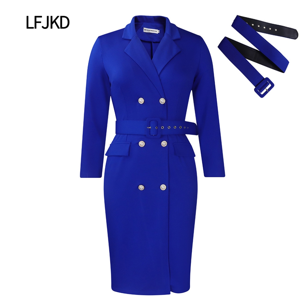 K2242 Double-breasted plus-size professional dress, women's suit collar commuter dress, 2024 new fashion OL office wear