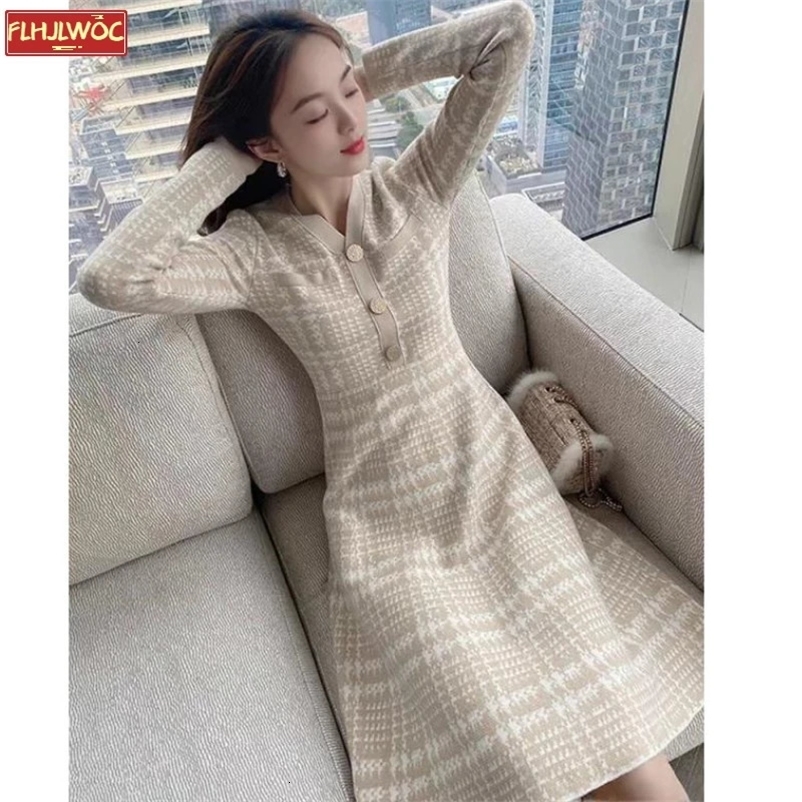 Stretchy Women Knitted Bodycon Sweater Pullover Dress Autumn Winter Vestidos Long Sleeve Slim Lady Chic Korean Plaid Dress 240106