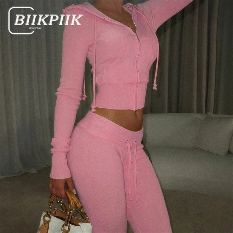 BIIKPIIK Drawstring Hooded Hoodie Suits Autumn Winter Solid Zipper Women Casual Pants Set Street Sporty Sweatshirt Two Piece Set 250314
