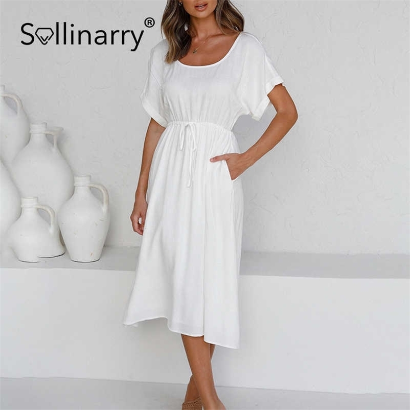 Sollinarry Sexy backless soild white color A-line women dress Summer causel short sleeve dress chic ladies holiday female dress 210709