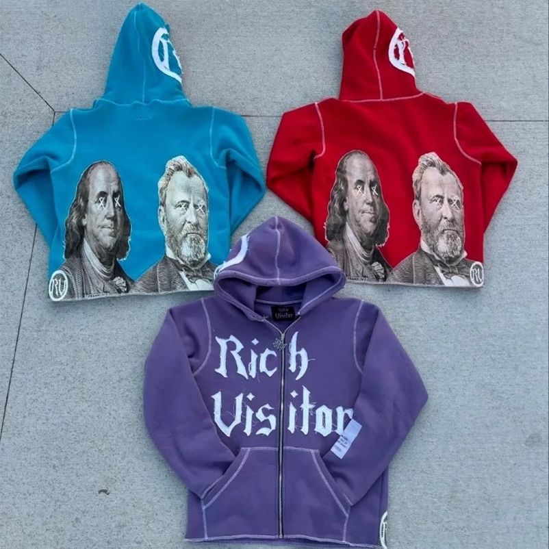 American Street Retro Letter Embroidery Oversized Hoodie Men Y2k Goth Punk Hip Hop Fashion Anime Print Zipper Sweatshirt Women 240911