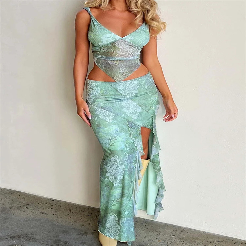 CHRONSTYLE Women Sexy 2 Piece Long Skirt Sets Lace Vneck Backless Camis Tops High Split Skirts Summer Outfits Y2K Clubwear 240423