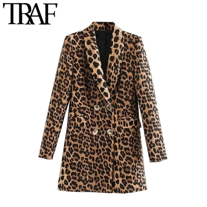 TRAF Women Vintage Fashion Double Breasted Leopard Blazer Coat Long Sleeve Animal Pattern Female Outerwear Chic Tops 201106
