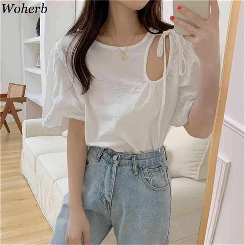 Womens Tops Chic Hollow Out Sexy Blouses O-neck Puff Sleeve Off Shoulder Shirt Loose White Blouse Blusas Mujer Moda 210519