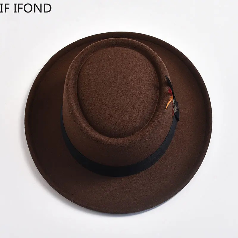 Vintage Pork Pie Hat Mens Rolled Brim Felt Fedora Hat with Feather Gentleman Church Cap Trilby Jazz Hats 250919bj