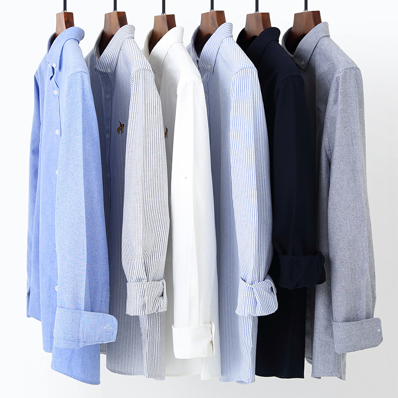 European Cotton Oxford Mens Long Sleeve Solid Color Shirt Large Cotton Embroidery Shirt 210316
