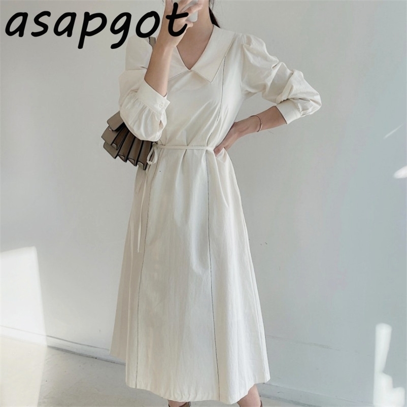 Dress Elegant Temperament Minimalist Spring Puff Full Sleeve Big Lapel Women Lace Up Waist Slim Vestido De Mujer 210429