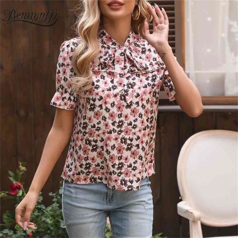 Bow Tie Neck Elegant Office Lady Print Blouse Fashion Summer Short Sleeve Casual Womens Tops and Blouses 210510