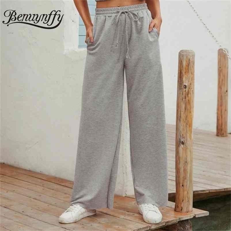 Pockets Drawstring Waist Women Casual Trousers Fashion Loose Sports High Pants Female Solid Wide Leg 210510