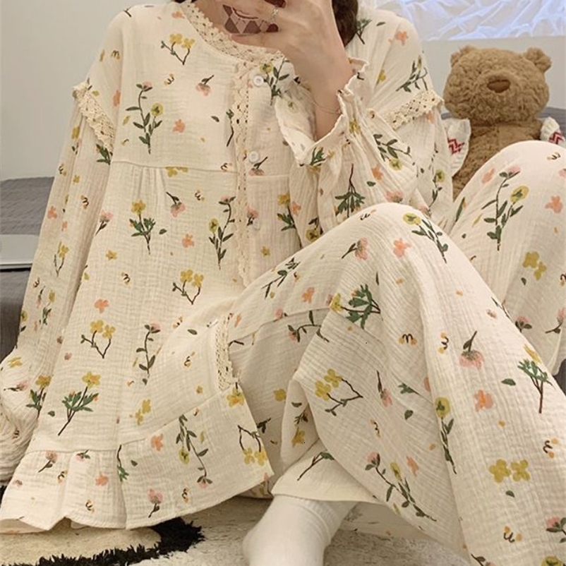 Women's Sleepwear Pajama Sets Women Print Student Breathable Casual Korean Style O-neck Sleepwear Basic Loose Ins Homewear Tender Simple 230309