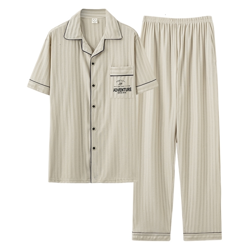 Men's Sleepwear 5XL Knited Cotton Pajama Sets Summer Print Pijama Men Short Sleeve Men's Sleepwear Turn-down Collar Pyjamas 230320
