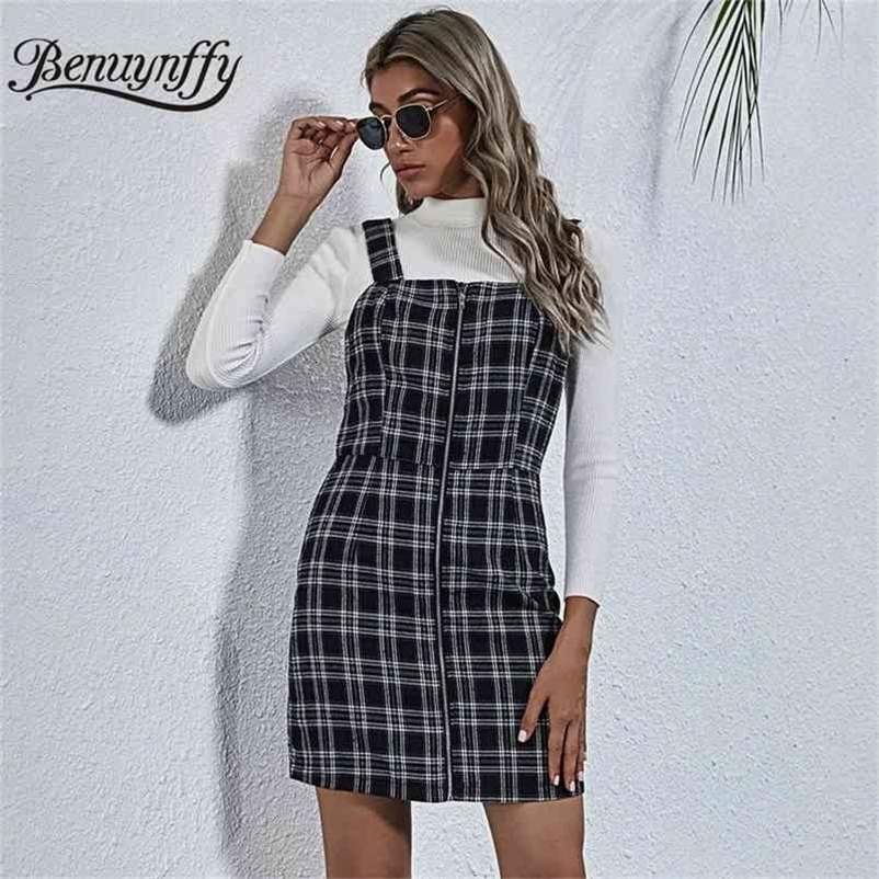 Autumn Winter Women Vintage Plaid Strap Dress Elegant Zipper Front Sleeveless Office Ladies Casual Mini Dresses 210510