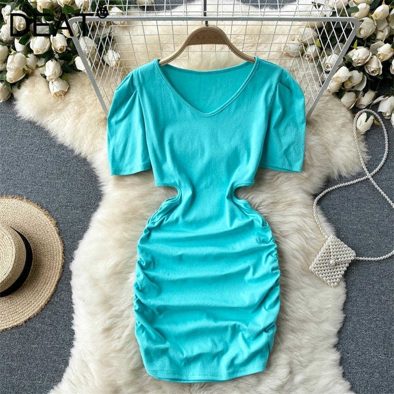 DEAT Women Hollow Out Dress Round Neck Short Sleeve Arrivals Lady Sexy Temperament Fashion Spring Summer 11D1572 210709