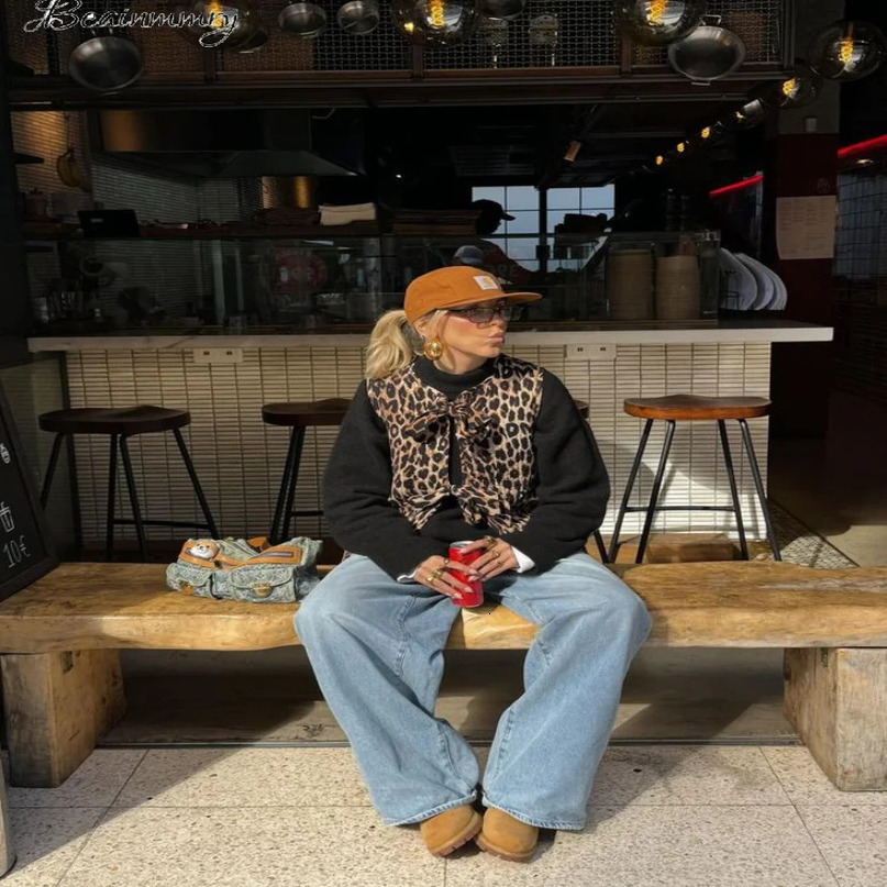 Street Leopard Oneck Bow Women Vest Jacket Elegant Sleeveless Lace Up Female Outwear Spring Fashion Lady Warm Coat 240523