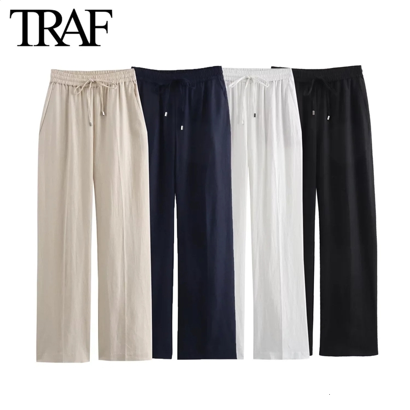 TRAF Women Fashion Spring Summer Lace-up Linen Blended Straight Pants Pocket Office Lady Chic High Waist Trousers Mujer 240829