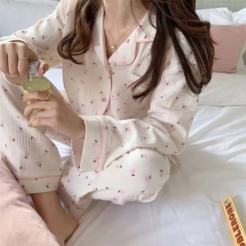 Women's Sleepwear Korean Pajama Mujer Floral Sweet Heart Print Cotton Yarn Sleepwear Set Long Sleeve Cardigan Homewear Skin-Friendly Breathable 2