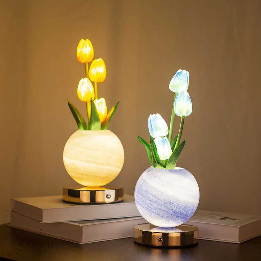 New tulip night light simulated flower bouquet table lamp decorative bedroom bedside mood light dreamy planet lamp C251115